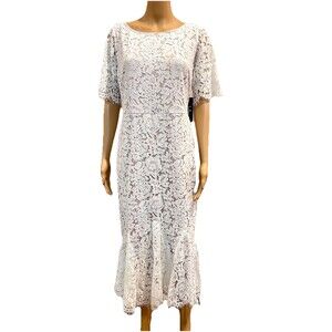 Lulus Women Ivory Cream Lace Beige Lined Dress XL Mermaid Formal Short Sleeve